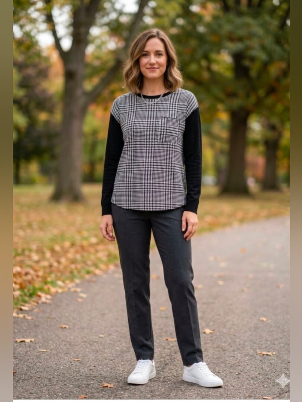 Michael Kors Mixed Media Crew Neck Top Black and White Hounds Tooth Size Small